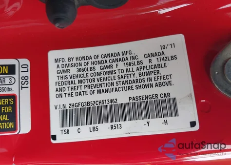 2012 Honda Civic Lx из США, поврежденный, VIN 2HGFG3B52CH513462